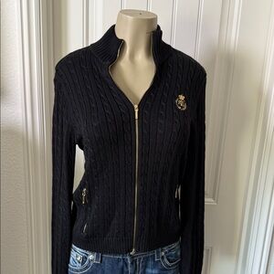 Lauren Ralph Lauren Cable Knit Zip Cardigan Sweater, Gold Crest LRL Logo, Medium